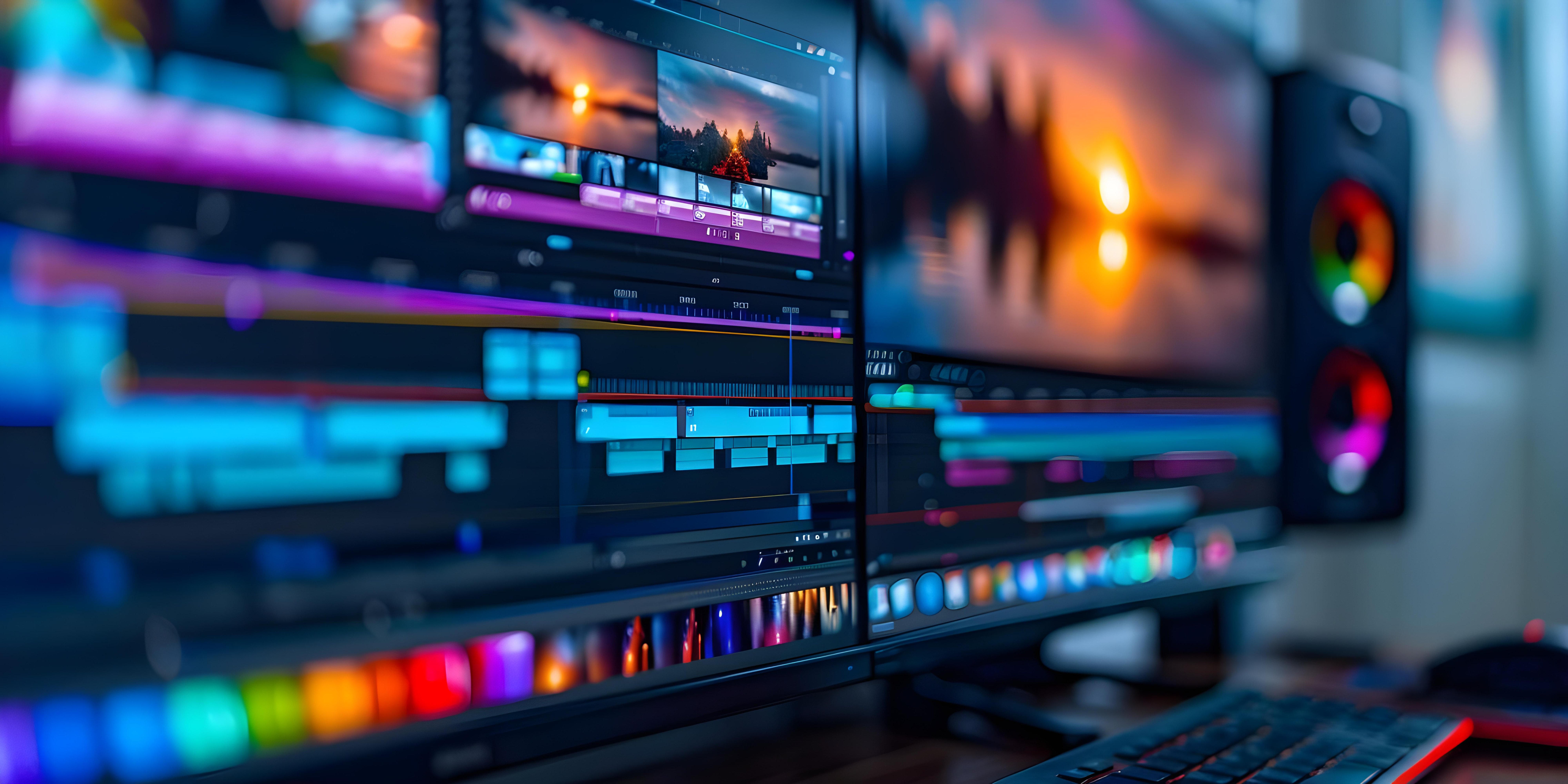 Professional video editing suite with dual monitors